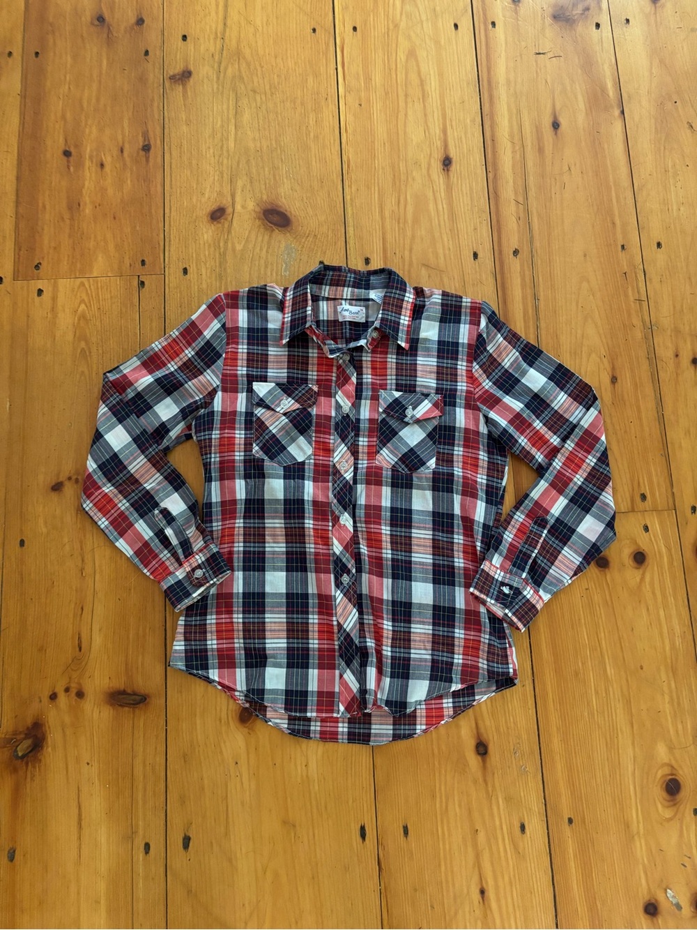 Amy Barr Plaid Button Up Shirt Red Navy White Size 34 Vintage Style